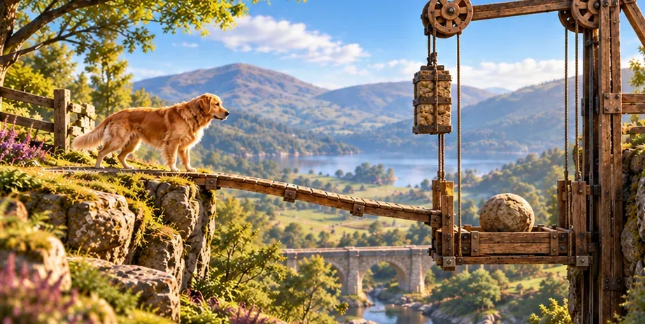 Concept art: Barney, a golden retriever, on a rocky ledge beside a rope-and-pulley wooden lift carrying a stone ball, above a lake valley