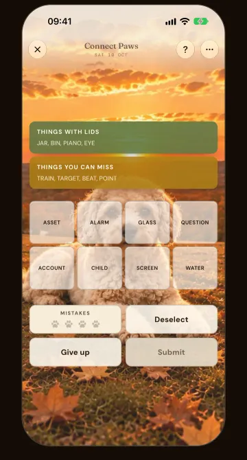 Connect Paws: sixteen words to sort into four hidden groups