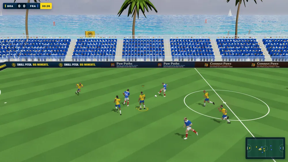 Underdogs alpha gameplay: six-a-side football in a seaside stadium, yellow team against blue