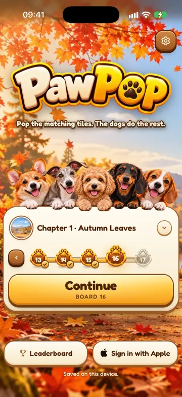 Paw Pop home screen with five dog characters and a Continue button, set in an autumn scene