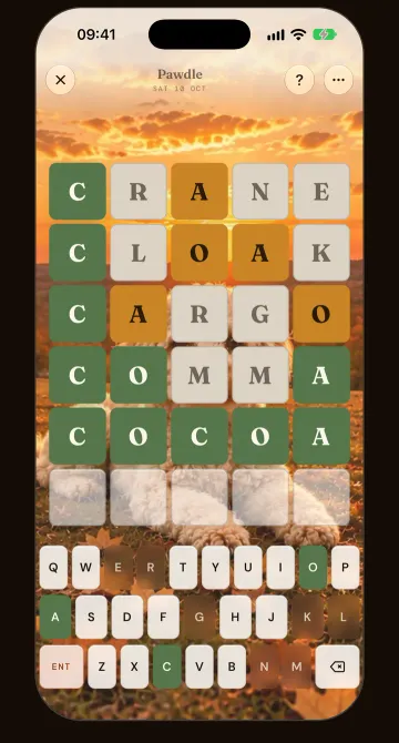 Pawdle: a five-letter word guessing grid, six guesses, with an on-screen keyboard