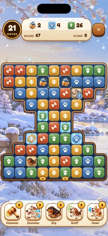 Paw Pop winter board: tiles in a snowy village with five dog boosters along the bottom